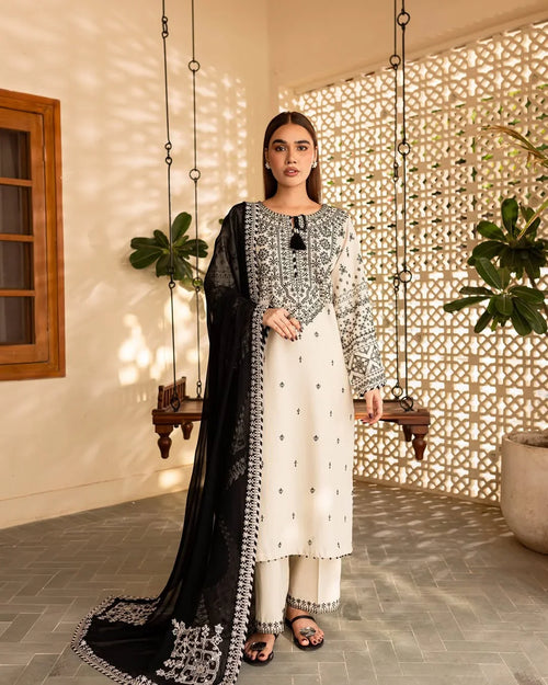 # 3 pc ARFA Embroidered Co Ords with Chiffon dupatta